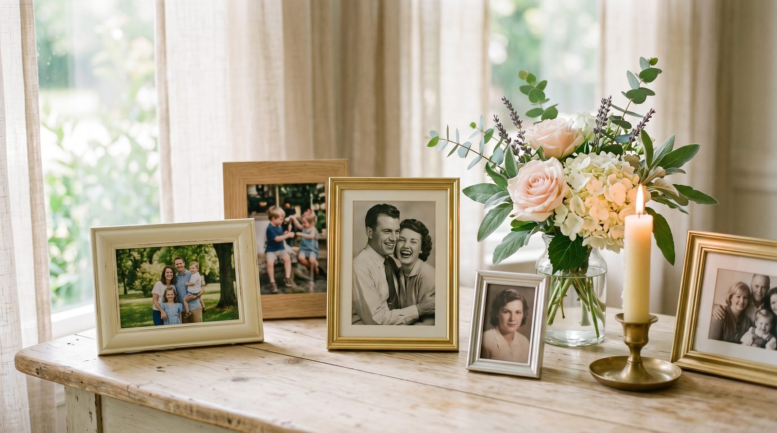 Framed family photographs, fresh flowers, and a softly lit candle in warm daylight