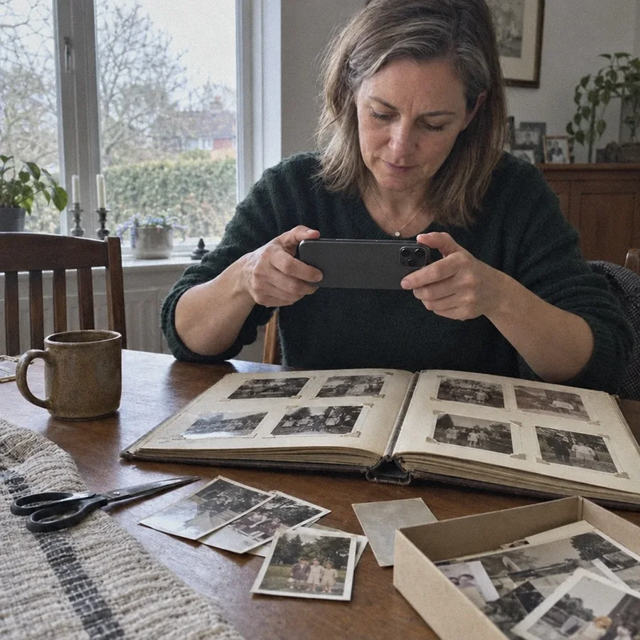 Her daughter photographing a page of the family album with her phone