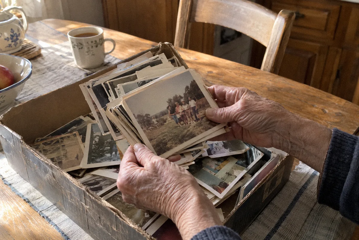 Hands lifting a stack of old family photographs out of a shoebox