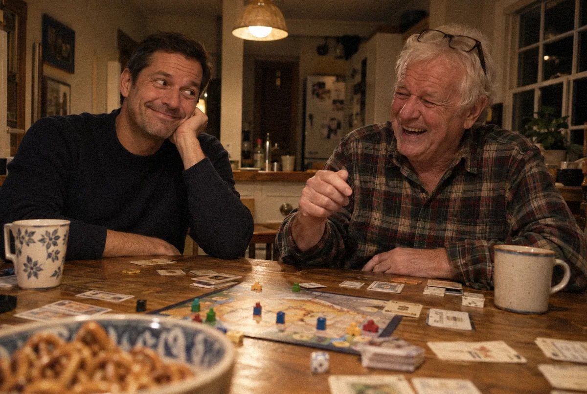 Marcus and his father at the kitchen table on game night