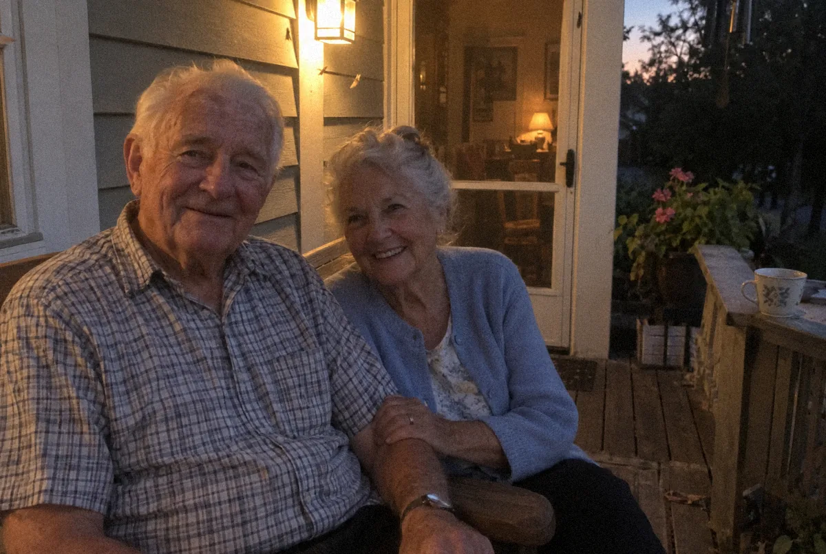 James and his wife on their porch at dusk