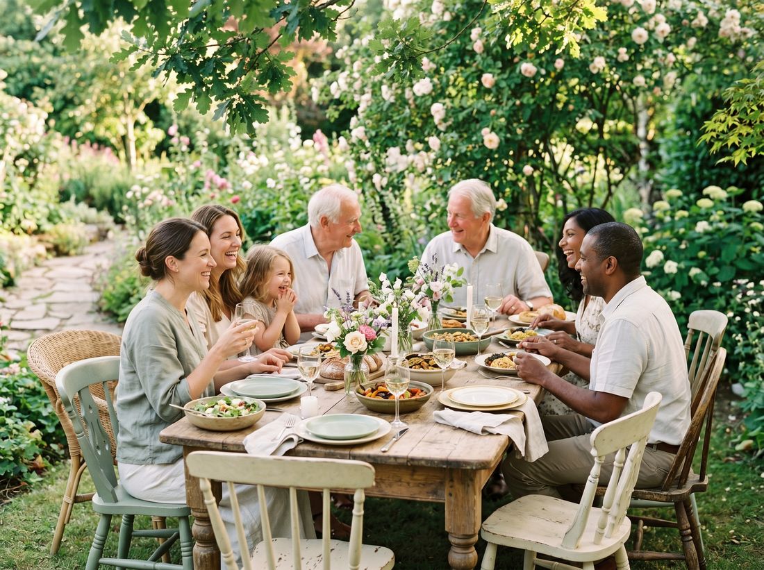 A family table set in a garden